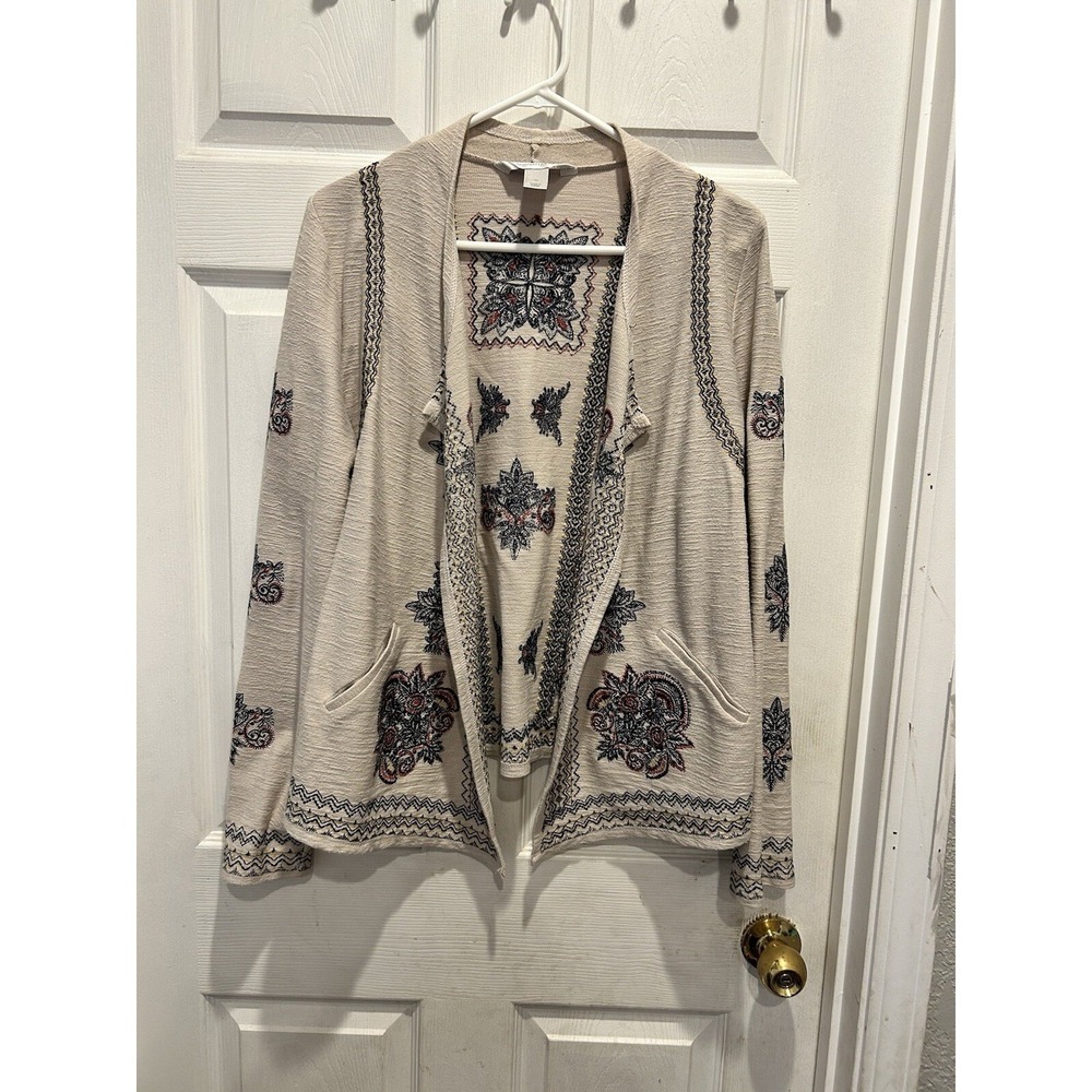 Christopher & Banks Beige Embroidered Open Front Cardigan Jacket Womens Medium M